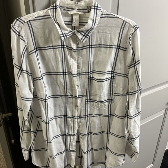 H&M White & Black Plaid Button Up Shirt Womens Size 14 - Picture 1 of 4